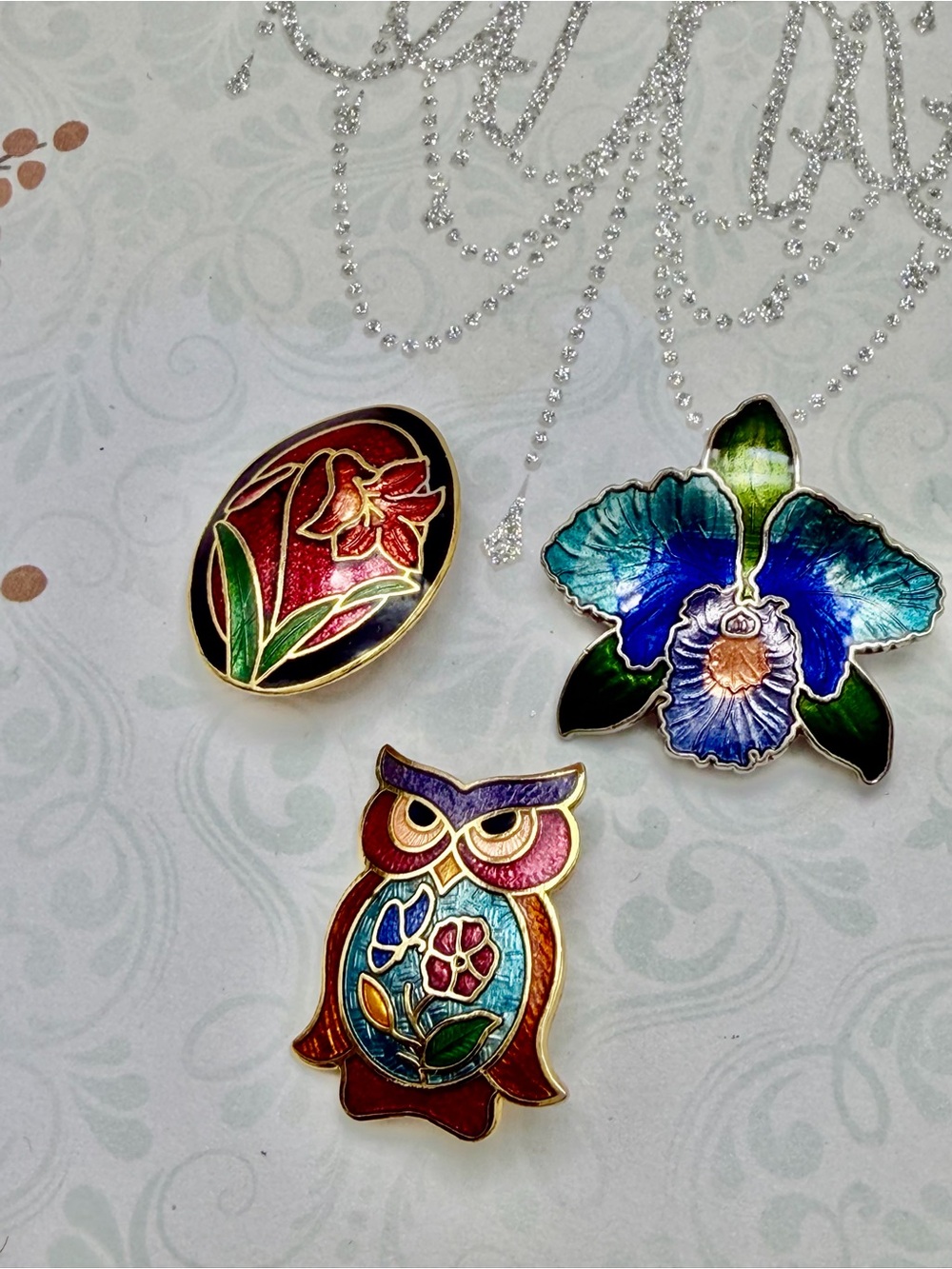 Vintage Cloisonné Owl, Flower & Oval Brooch Set #cz586